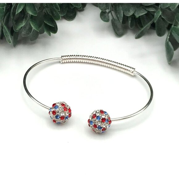 Crystal Ball Adjustable Bangle Bracelet With Red Blue & Clear Rhinestones - Picture 1 of 4